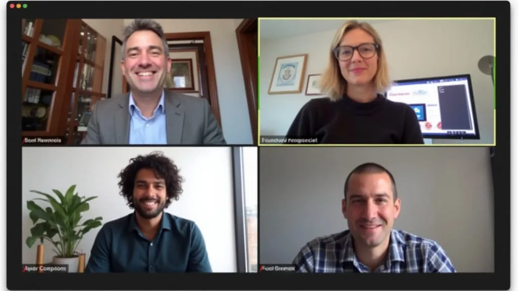 A video call with four people on screen in a grid of tiles