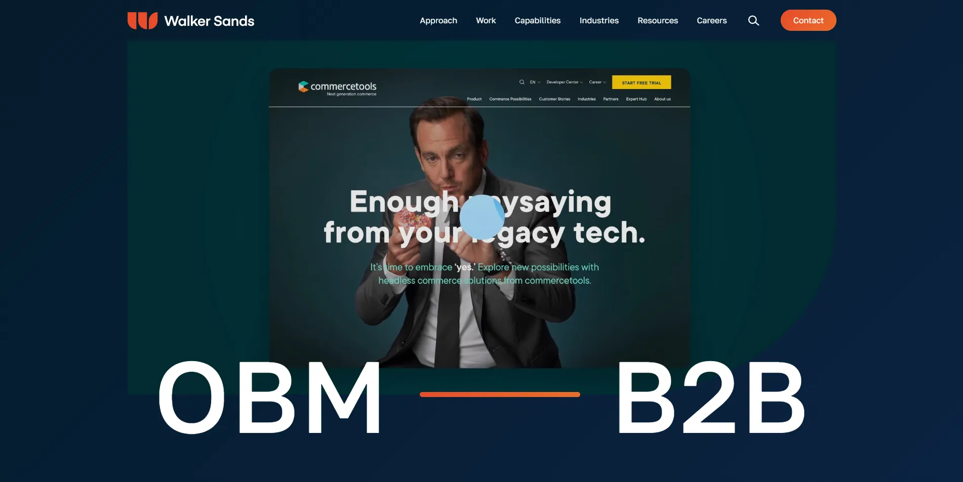 The Walker Sands site showing an OBM to B2B graphic over a case study screen