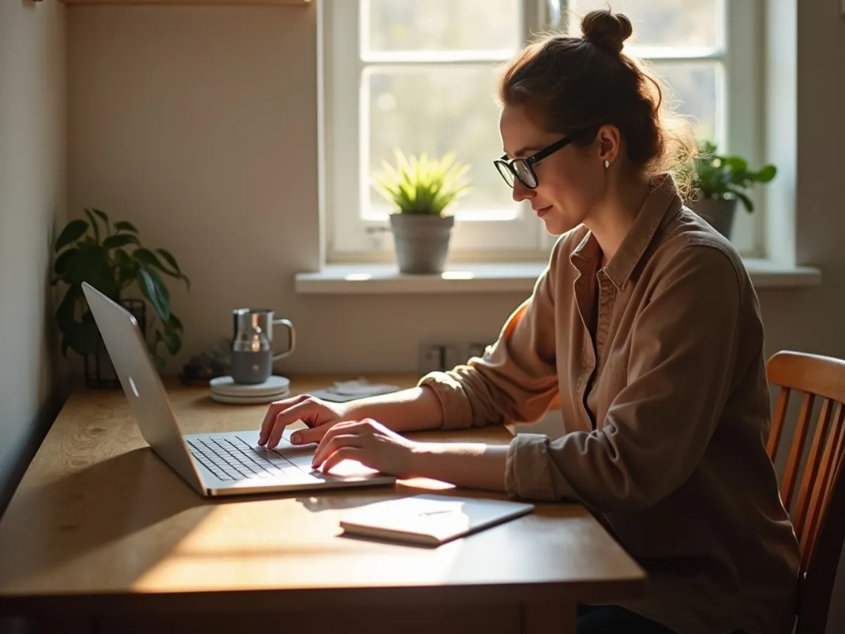 A woman in glasses working at a laptop at a wooden table