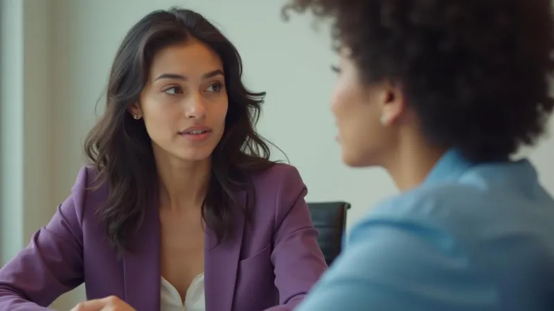 Two colleagues talking across a table in a meeting room