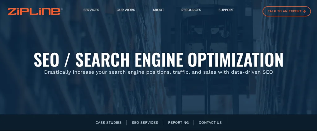 zipline seo agency homepage with text "SEO/ Search Engine Optimization"
