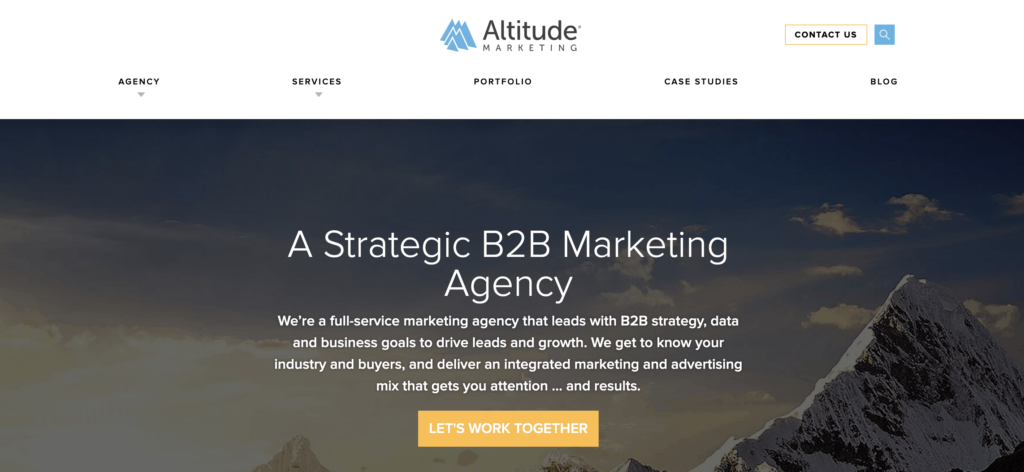 Altitude agency homepage with a winter mountain background at white text that reads "A Strategic B2B Marketing Agency