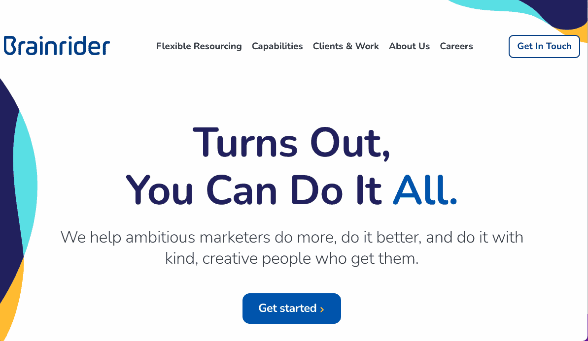Brainrider homepage with white background with blue, yellow and turquoise accents and blue text that reads turns out you can do it all 