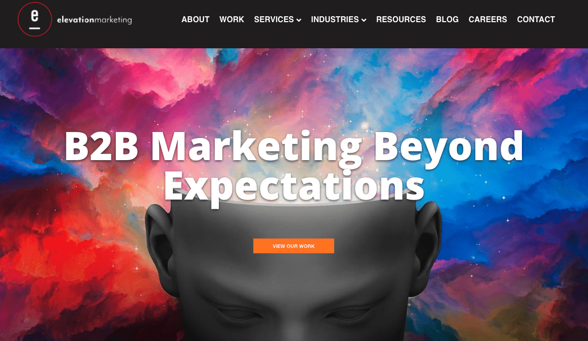 Marketing agency's homepage with a human head surrounded by colorful clouds with white text that say "b2b marketing beyond expectations"
