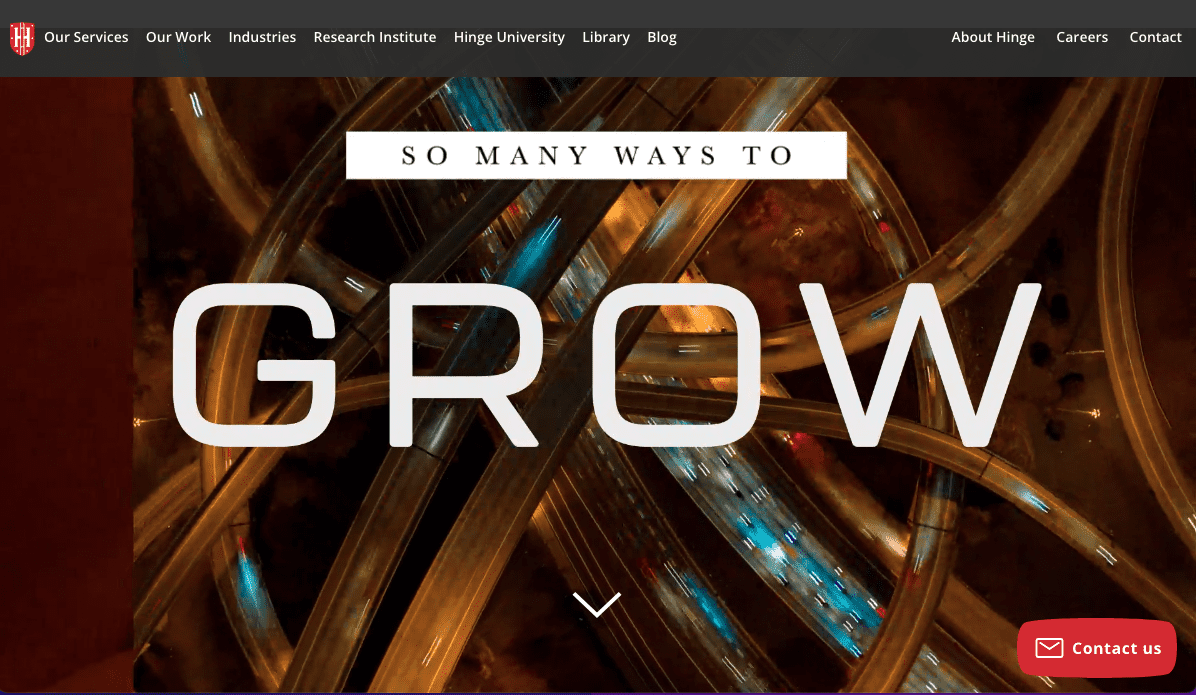 Hinge marketing homepage with a looping highway system at night filled with cars and includes white text that reads so many ways to grow
