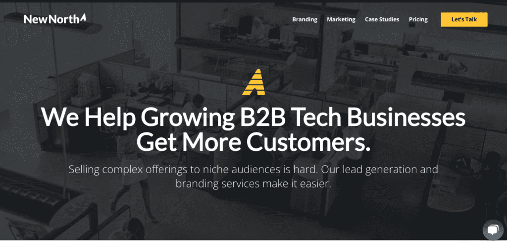 B2B marketing agency white, yellow, and blue home page with text we help growing b2b business get more customers