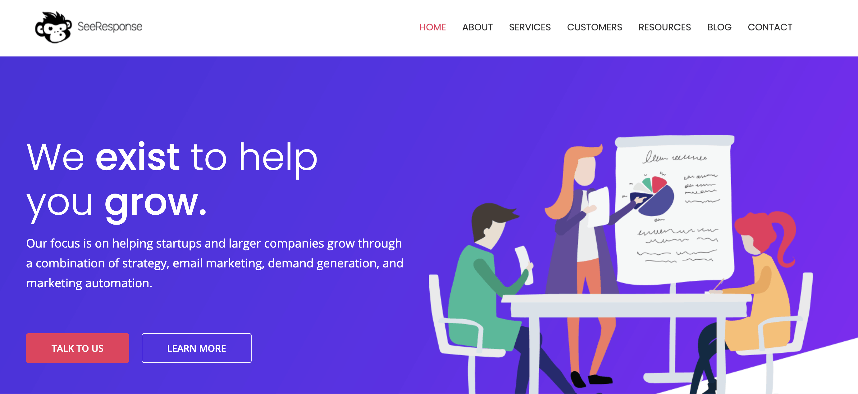SeeResponse's purple homepage featuring two animated people sitting at a table and a third person standing point at an animated graph.