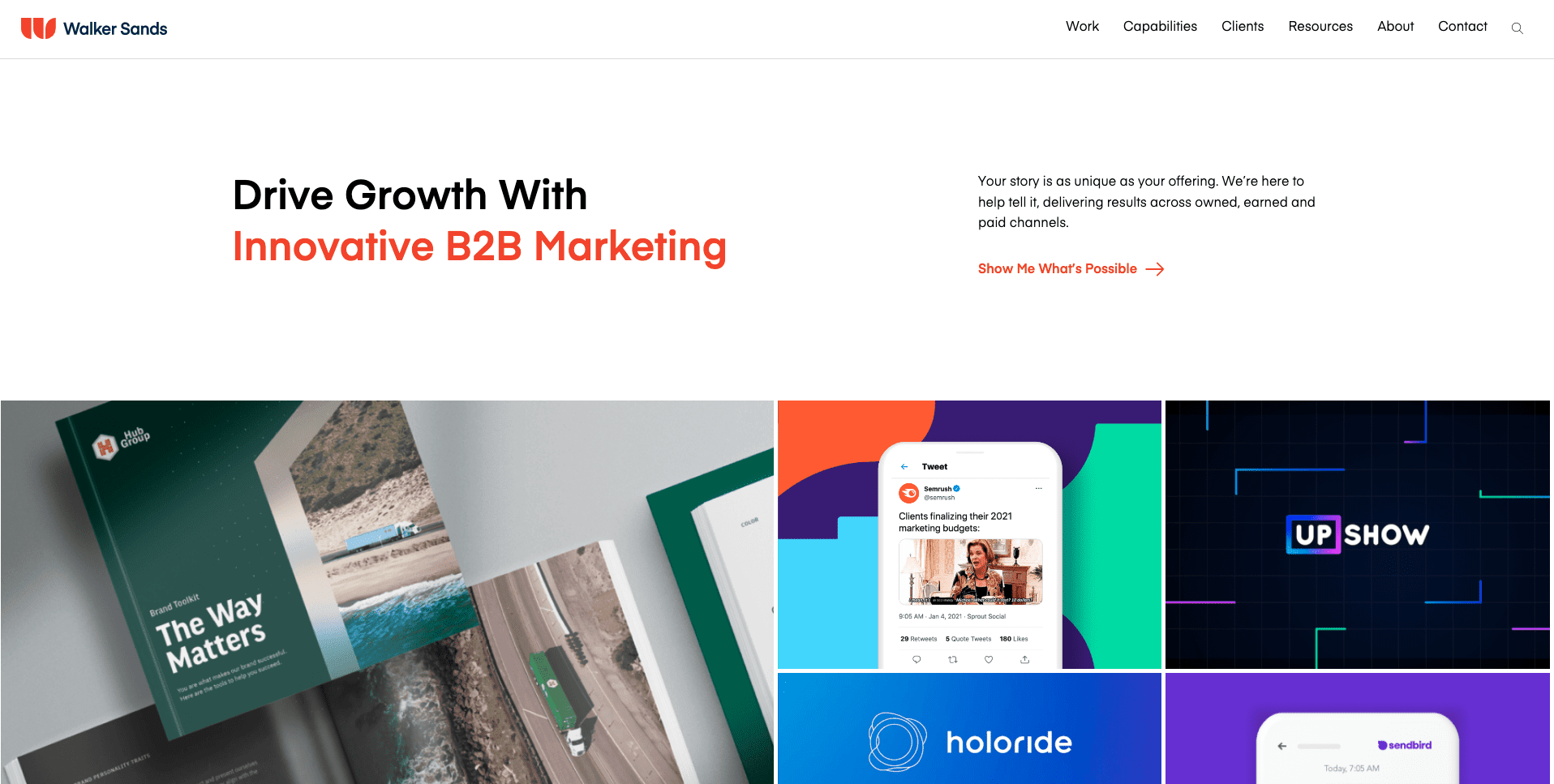 Walker Sands website homepage white background with black and orange text that says drive growth with innovative b2b marketing