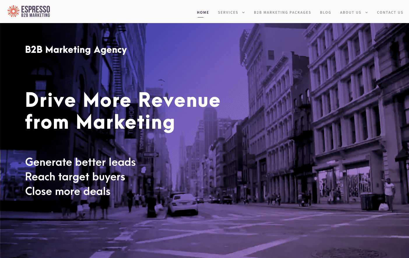 Espresso B2B marketing homepage with a photo of a busy city street with tall buildings and a purple filter over the photo