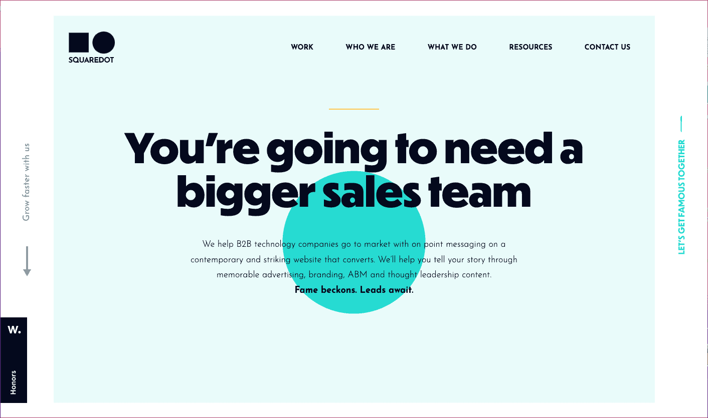 B2B marketing agency teal and turquoise home page with text “you’re going to need a bigger sales team.”