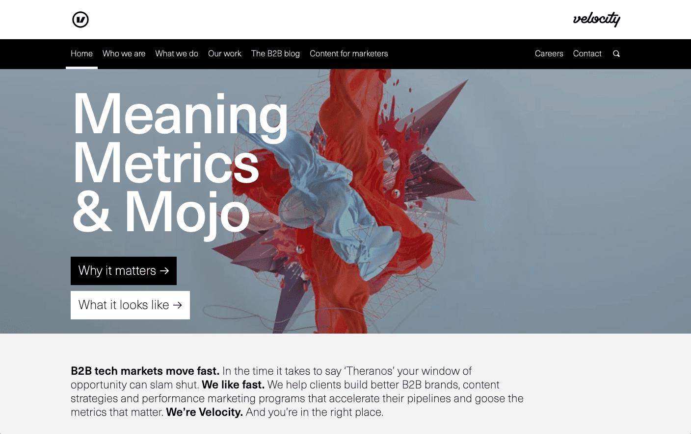 B2B marketing gray and black homepage with the text “meaning, metrics & mojo” 