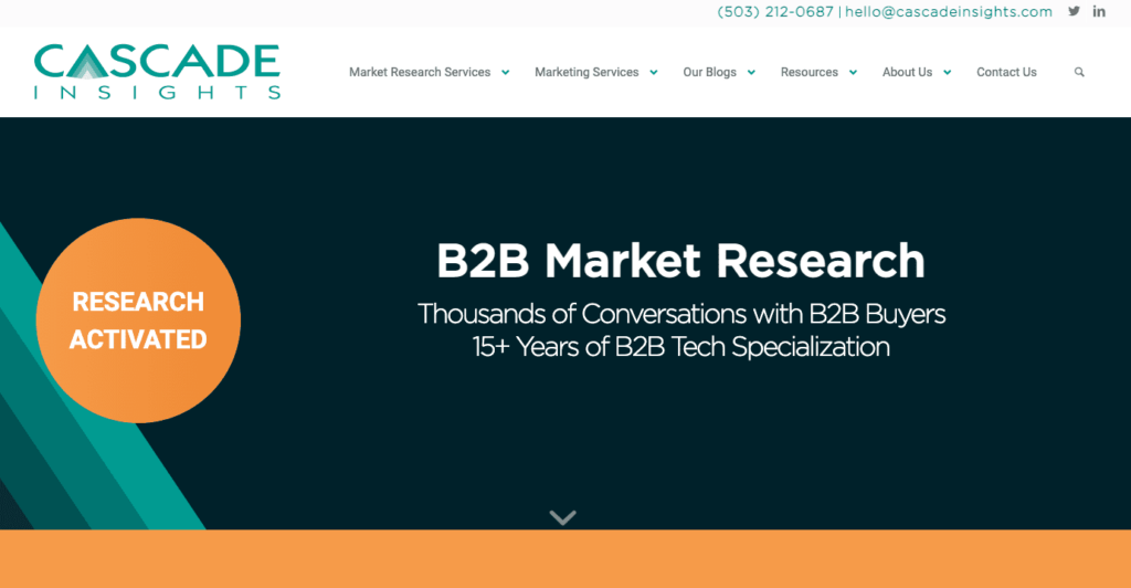 cascade insights b2b seo agency orange teal and white website page