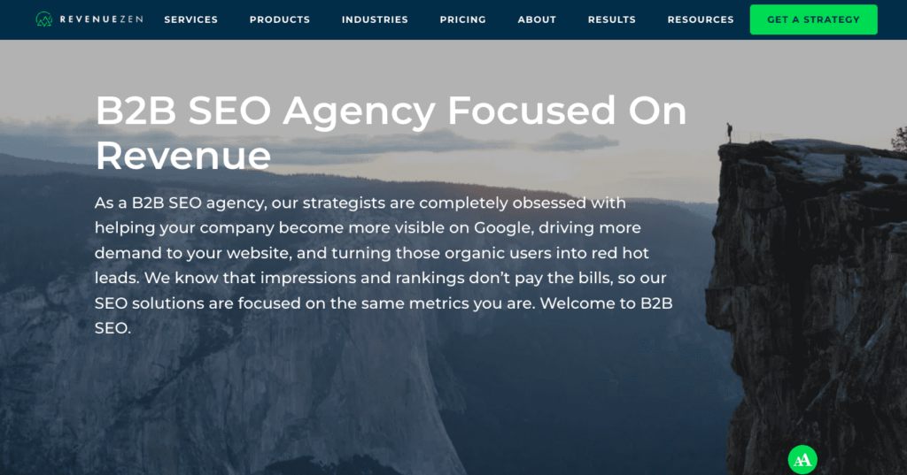 revenue zen homepage with test "B2B SEO Agency focused on Revenue