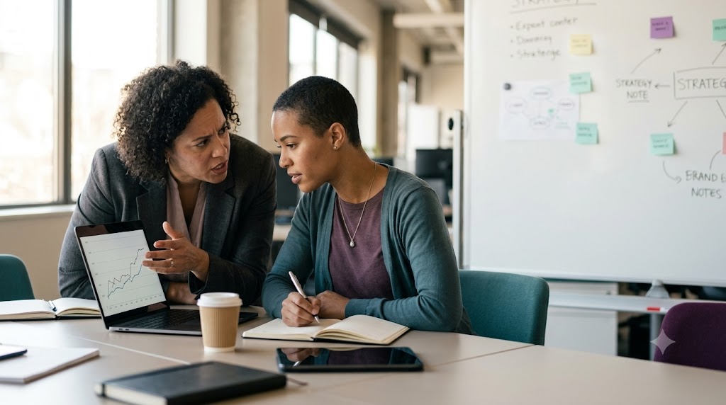 Founder and marketer in a working strategy session