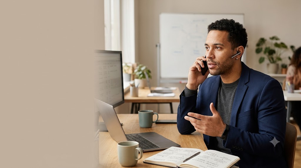 B2B marketing leader on a customer call, taking notes